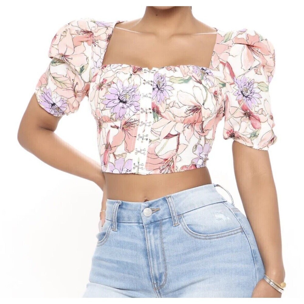 Fashionova Crop Top Blouse‎ Floral Print Puff Sleeve  Size Large New